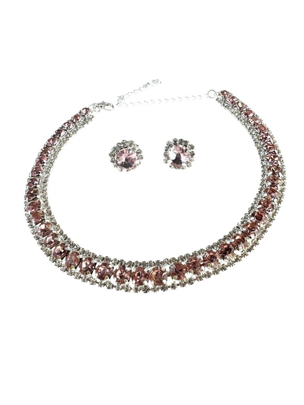 Sparkly Pink Crystal Rhinestone Choker Necklace Earrings Set Silver Tone